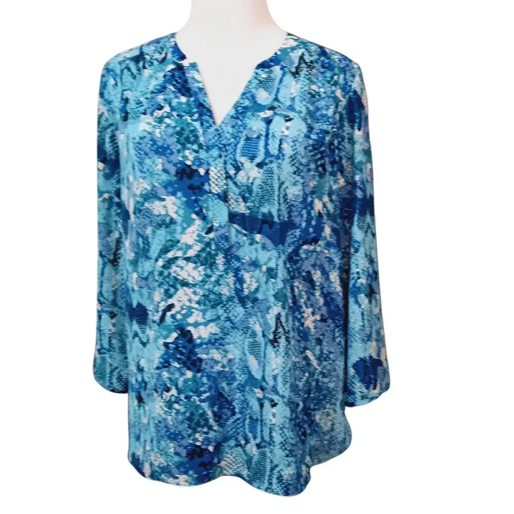 NYDJ Blouse Popover Top M Blue Snake Print Pleats‎ Dressy Career Office Event